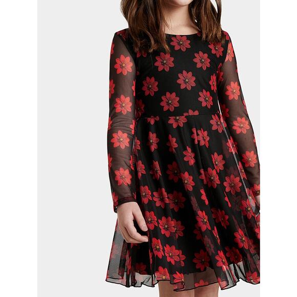 Desigual Girls Dress Size 13/14 Red Daisy Flowers Mesh Black Long Sleeve - Picture 3 of 8